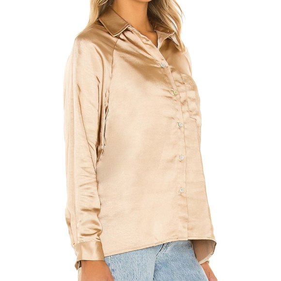 NEW Line & Dot Dolly Long Sleeve Button Up in Gold Satin Silk Small S - Picture 2 of 5